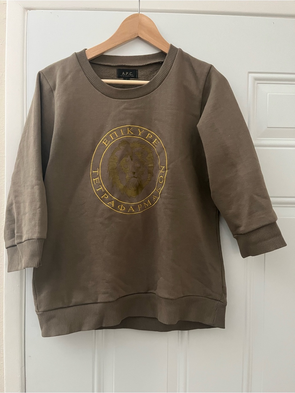 A.P.C. Olive Brown Crewneck Sweatshirt with Gold Emblem & Embroidered Text